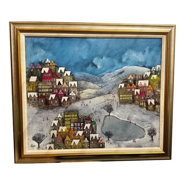 Mixed-Media/3d Collage Painting Depicting a Whimsical Winter Village - Signed by "Colley '20" For Sale
