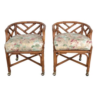 Vintage Chinese Chippendale Rattan Rolling Accent Chairs by Henry Link for Wicker - A Pair For Sale