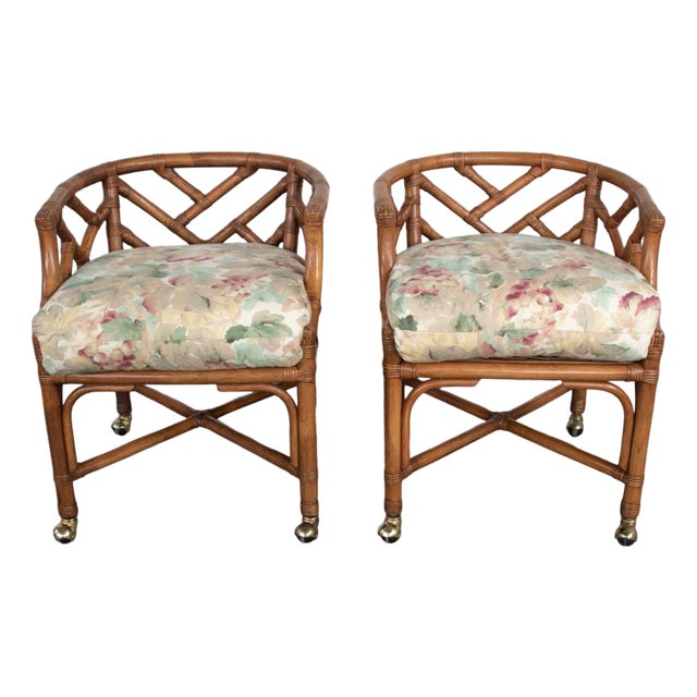 Vintage Chinese Chippendale Rattan Rolling Accent Chairs by Henry Link for Wicker - A Pair For Sale