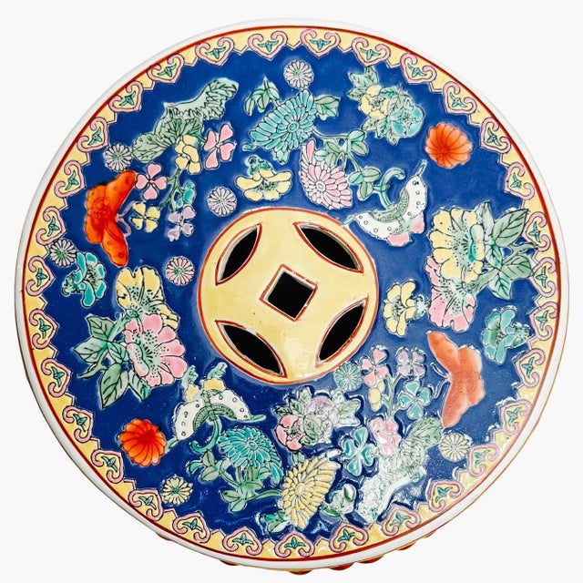 Mid 20th Century Chinese Famille Rose Cobalt Blue Millefleurs & Butterfly Porcelain Garden Stool For Sale - Image 9 of 10