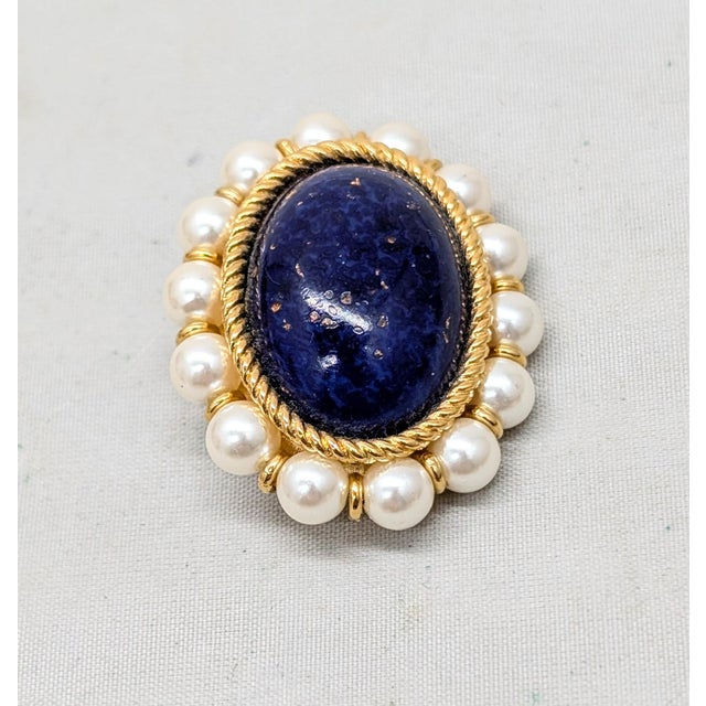 American Vintage 1991 Napier Book Piece Cabochon Faux-Lapis and Faux-Pearl Brooch For Sale - Image 3 of 6