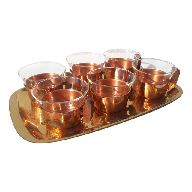 Tea Glasses & Tray in Copper Brass & Jena Glass by Schott, Mainz, 1970s, Set of 7 For Sale