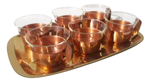 Tea Glasses & Tray in Copper Brass & Jena Glass by Schott, Mainz, 1970s, Set of 7