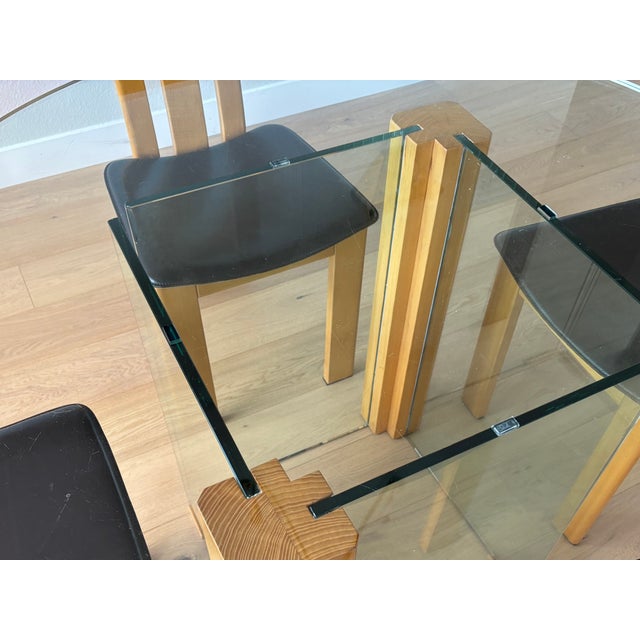 1980s Vintage Italian Glass Table With a Set of 4 Wood and Brown Leather Chairs in the Style of Pietro Costantini For Sale - Image 16 of 18