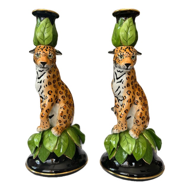 Vintage Pair of Signed Lynn Chase Jaguar Jungle Candlestick Candle