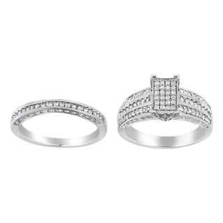 .925 Sterling Silver 3/4 Cttw Prong Set Round Diamond Composite Engagement Ring and Band Set (I-J Color, I3 Clarity) - Size 5 For Sale