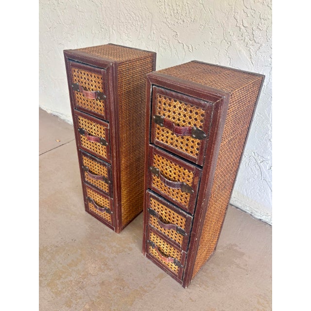 Pair Vintage Leather & Cane Four Drawer Apothecary Chests, 1980s For Sale - Image 4 of 8