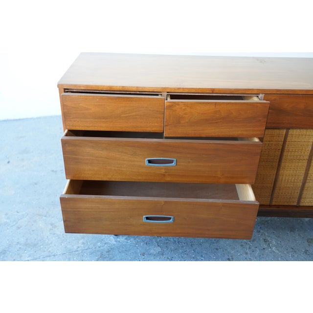 1960s Mid-Century Modern Hooker Walnut & Cane Lowboy Dresser 64” For Sale - Image 16 of 18