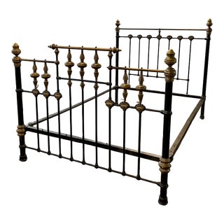 Victorian Antique Bed in Black Iron and Brass For Sale