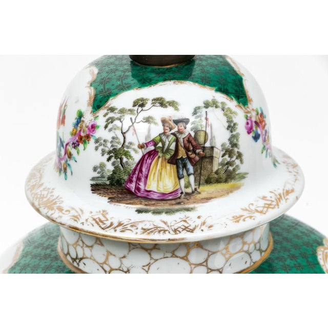 Antique Continental Hand-Painted Porcelain Baluster Jar Table Lamp | Watteau Figural Scenes | C. 1890 For Sale In Boston - Image 6 of 12