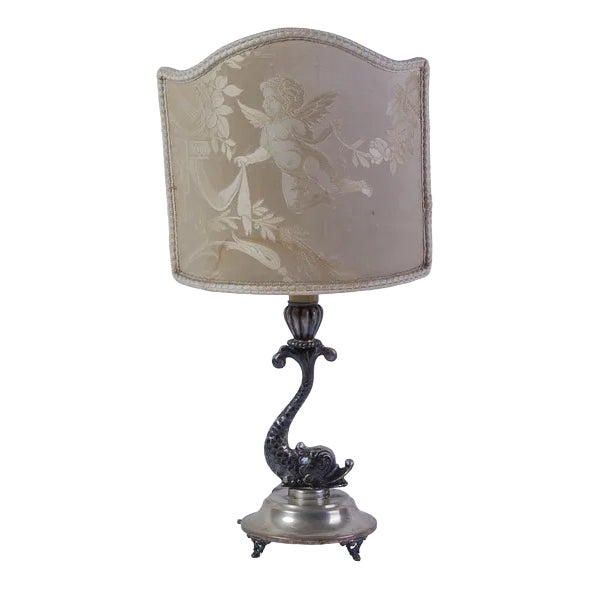 Antique Dolphin Table Lamp with Silver Base, 1890s For Sale