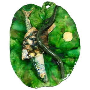 Late 19th Vintage Alfred Renoleau Majolica Palissy Leaf Wall & Fish Platter