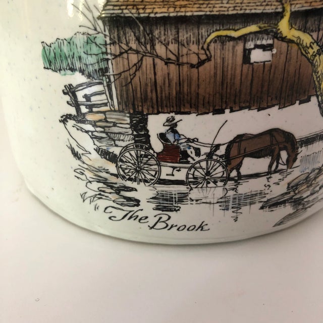 French Country Vintage Pottery Cookie Lidded Jar "The Brook " Painting Signed by Eric Sloane For Sale - Image 3 of 7