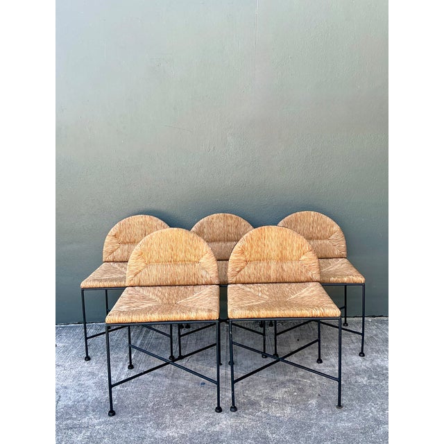 Late 20th Century Vintage Woven Rush and Metal Dining Chairs - Set of 5 For Sale - Image 5 of 13