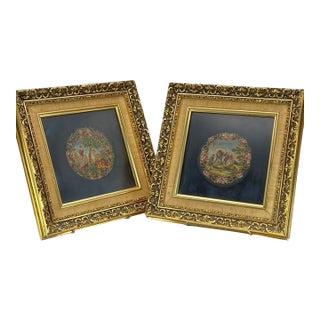 Mid 20th Century Pair of Victorian Style Petit Point Micro Needlepoint Framed Pictures (Vintage Framed Tapestry 9"x9")) For Sale