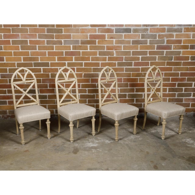 Early 20th Century Set of Four Gothic Revival English Bleached Oak Dining Chairs with Arched Backs For Sale - Image 12 of 12