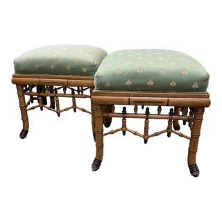 Late 20th Century William Switzer Faux Bamboo Fretwork Footstool Ottomans - a Pair For Sale