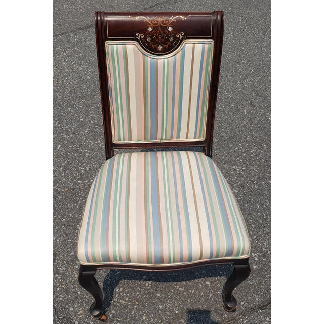 1930s Edwardian Mahogany Mother-Of-Pearl and Satinwood Inlaid Upholstered Side Chair For Sale - Image 5 of 8