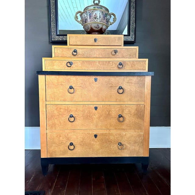 Biedermeier 1980s Biedermeier Style Burl Wood Highboy Chest of Drawers By Baker Furniture For Sale - Image 3 of 8