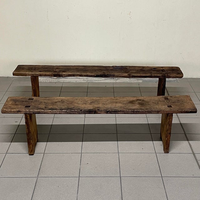 Wood 20th Century Folk Art Rustic Italian Wooden Benches, 1890s, Set of 2 For Sale - Image 7 of 18