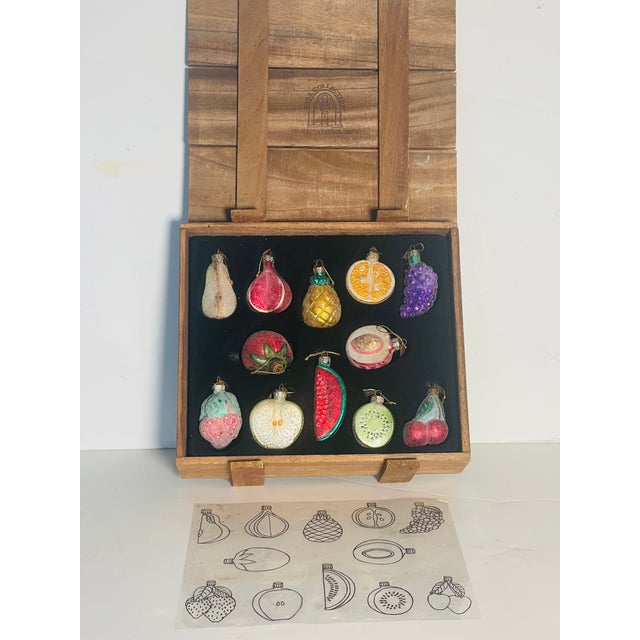 Vintage Thomas Pacconi Museum quality Set with f 12 Christmas Ornaments fruits , Handpainted and in wood crate box.
