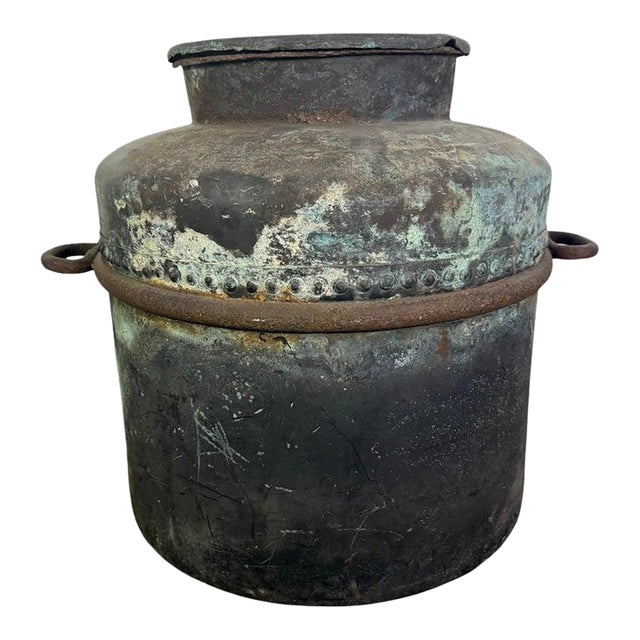 Antique Copper Storage Vessel With Verdigris Patina, 19th Century For Sale