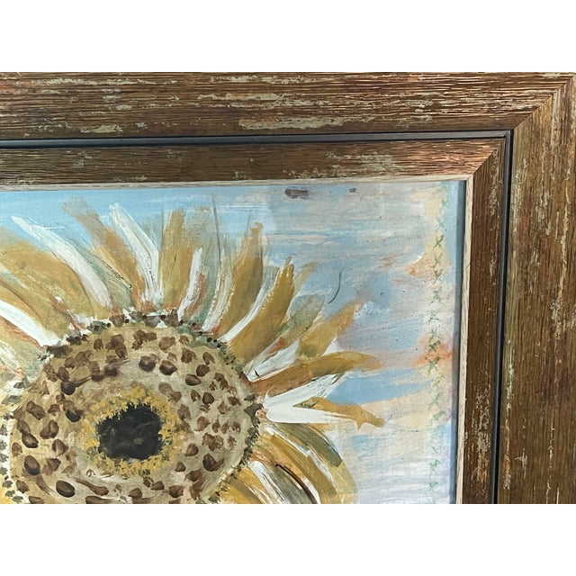 Abstract Sunflower painting acrylic on paper signed by artist and framed in beautiful rustic frame, under glass.