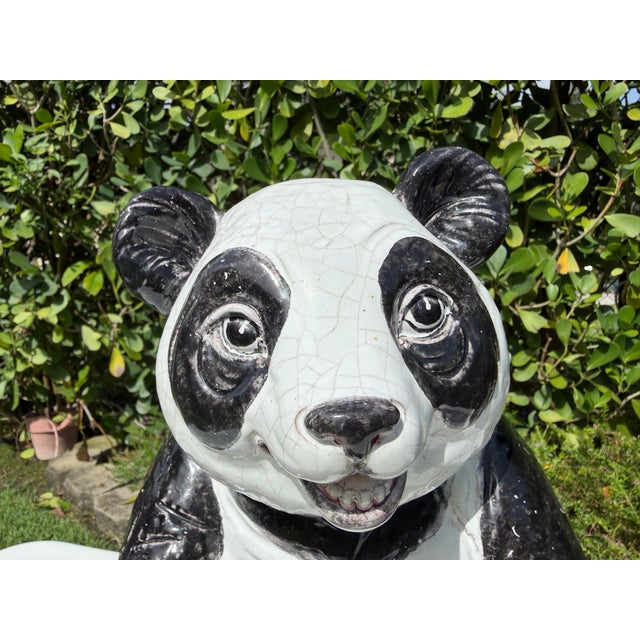 Mid-Century Modern Vintage Large Crackle Glazed Seated Panda Ceramic Sculpture For Sale - Image 3 of 12