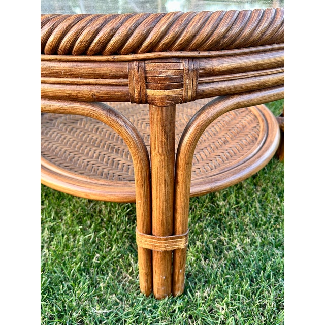 1970s Boho Chic Rattan Round Table Set For Sale - Image 9 of 9