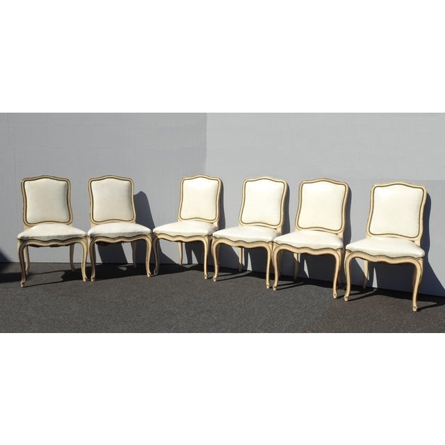 Six Vintage French Provincial Off White Leather Dining Room Chairs by