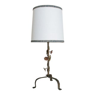 Vintage French Brass Lamp With Hand Painted Shade For Sale