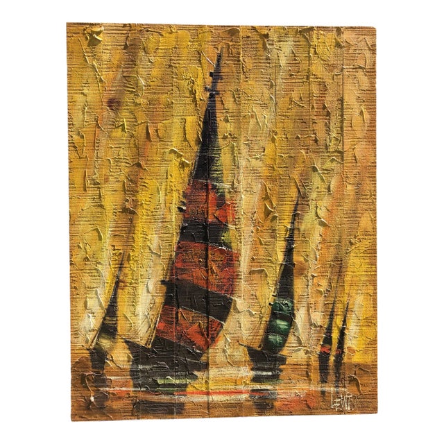 Mid-Century Regatta Painting on Plank Boards For Sale