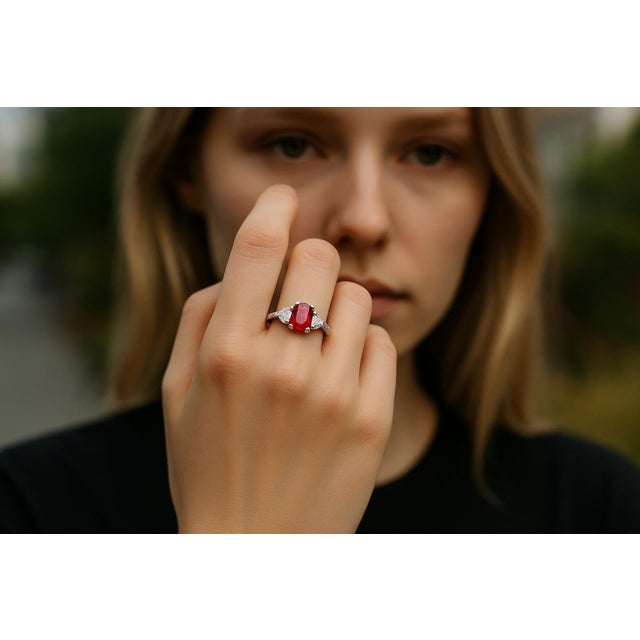 Gia Certified No Heat Cushion Ruby Half Moon Diamond Platinum Cocktail Ring, Size 6.5 For Sale - Image 9 of 9