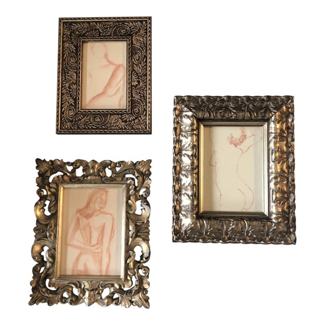 Gallery Wall Collection-Set of 3 Original Sepia Female Nude Study Drawings Vintage Frames For Sale