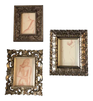 Gallery Wall Collection-Set of 3 Original Sepia Female Nude Study Drawings Vintage Frames