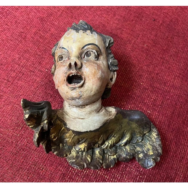 C1800 Antique Italian Renaissance Carved Polychromed Wood Dramatic Hanging Putto / Cherub Sculpture For Sale - Image 12 of 12