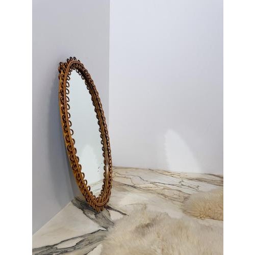 Mid-Century Modern Italian Handcrafted Oval Cane and Bamboo Mirror in the style of Albini, 1960s For Sale - Image 6 of 15