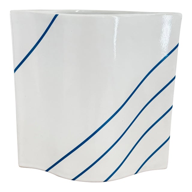 Vintage 1980s Höganäs Keramik Sweden Blue and White Striped Stoneware Vase For Sale