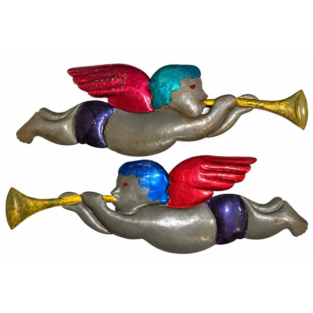 Large Vintage Christmas Trumpet Angels — Pair of Tin Folk Art Holiday Wall Decorations, 23.5ʺ For Sale - Image 9 of 9