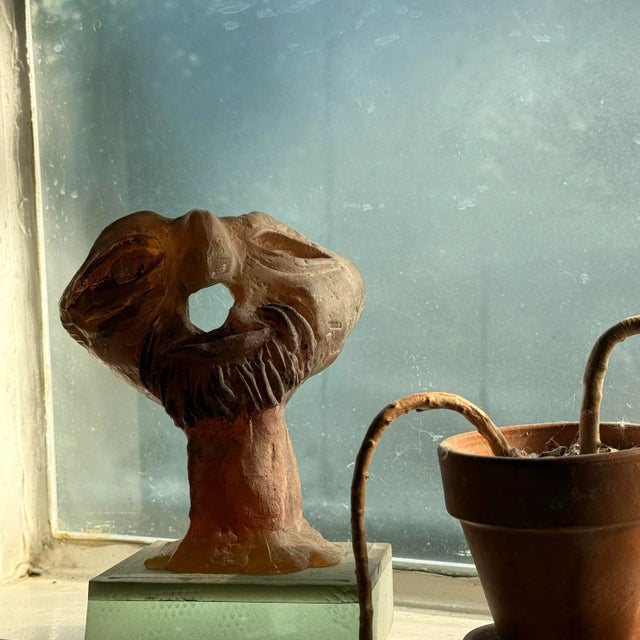 Vintage Brutalist Glass Portrait Sculpture Abstract Bearded Figure on Matte Glass Stand An example of late 20th century...