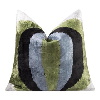 Handmade Velvet Throw Pillow - 16x16 Inches, Naturally Vegetable-Dyed, Premium Down Feather Insert - Green, Black, and Gray Abstract Design For Sale