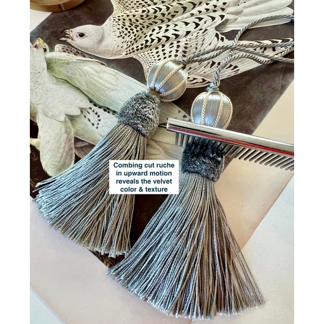 Wood Pair of Key Tassels in Bluestone With Velvet Detail For Sale - Image 7 of 11