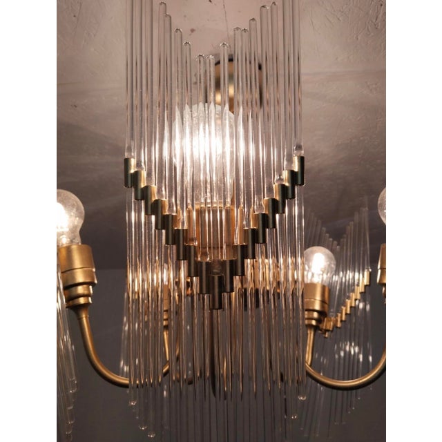 Art Deco Rare 1970s Brass & Glass Rod Chandelier | 5-Light Vintage Fixture | Restored Mid Century Lighting For Sale - Image 3 of 14