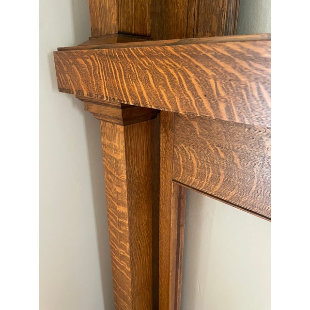 1940s Vintage Quarter-Sawn Oak Craftsman Fireplace Mantel With Overmantel Mirror Opening For Sale - Image 5 of 6