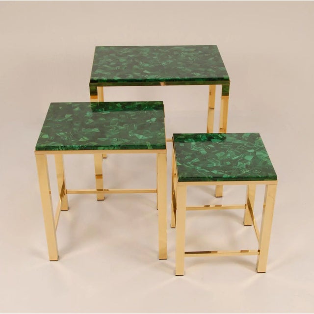 Mid Century Side Table Gold Malachite Nesting Tables Modern Gold Gilded Brass Marble Top Nest Tables French Tariff Free Delivery- Set of 3 For Sale - Image 12 of 12