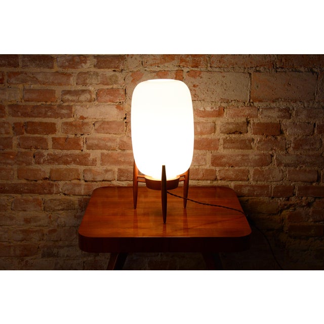 Brown Mid-Century Czech Table Lamp in Opaline Glass and Wood attributed to Úluv Krásná Jizba, 1950s For Sale - Image 8 of 11