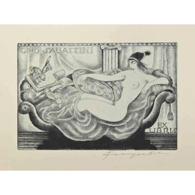 Michel Fingesten, Ex Libris Gino Sabattini, Etching, 1930s For Sale