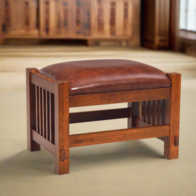 Mission Spindle Stool - Quarter Sawn Oak & Leather - Walnut For Sale - Image 13 of 13