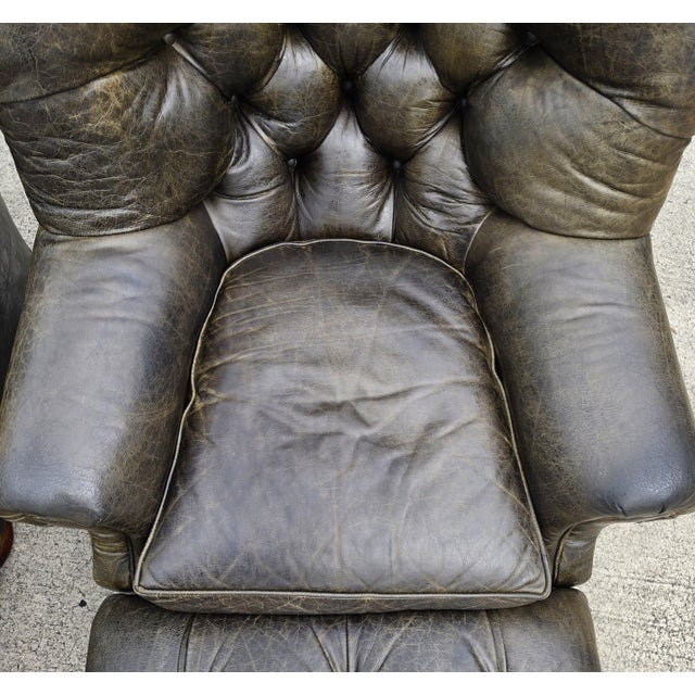 Vintage Henredon for Ralph Lauren English Chesterfield Leather Chair & Ottoman a Pair For Sale - Image 9 of 18