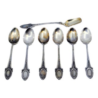 Silver Coffee Spoons and Sugar Shovel with Handle Reliefs, Set of 6 For Sale